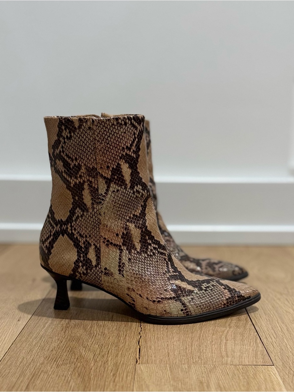 Matisse Beige Snake-Print Kitten Heel Ankle Boots